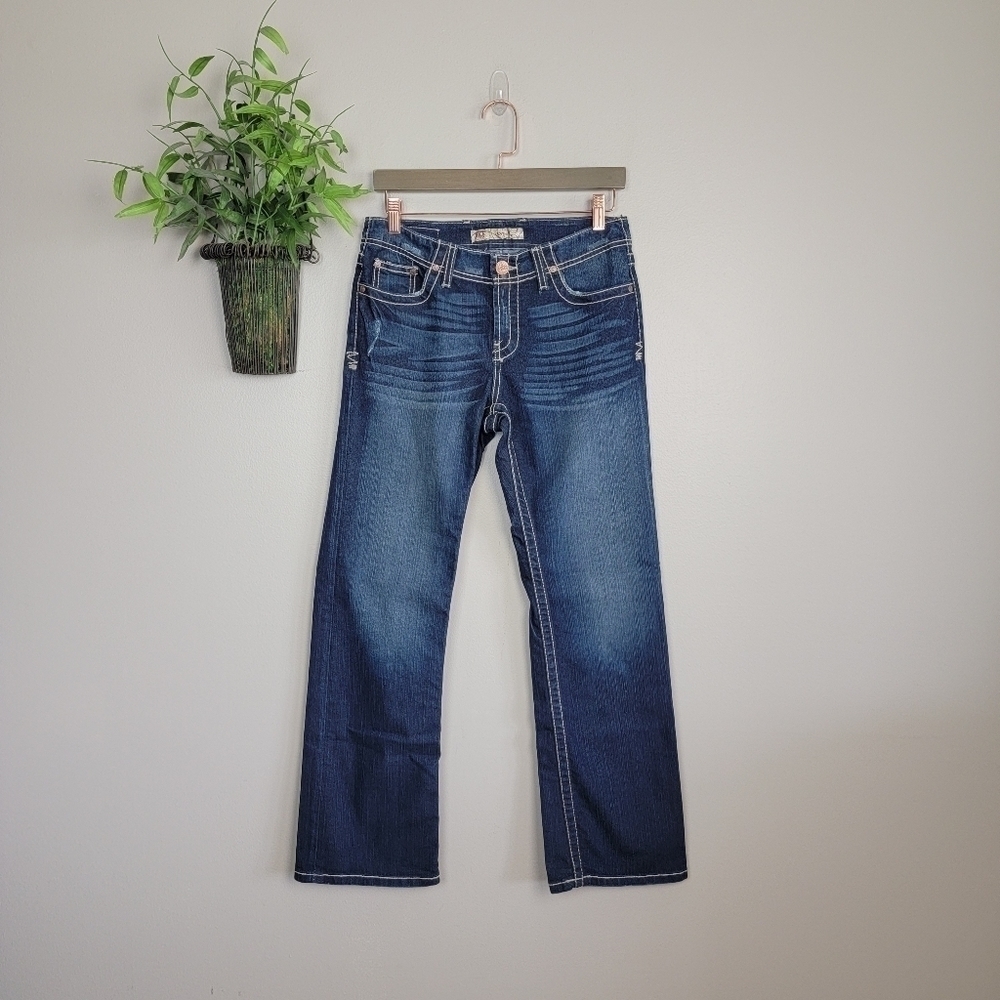 BKE Britni Straight Boot Cut Dark Wash Distressed Low Rise Stretch Jeans 27